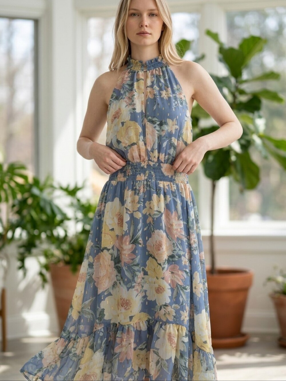 MSK Blue Floral Halter Maxi Dress